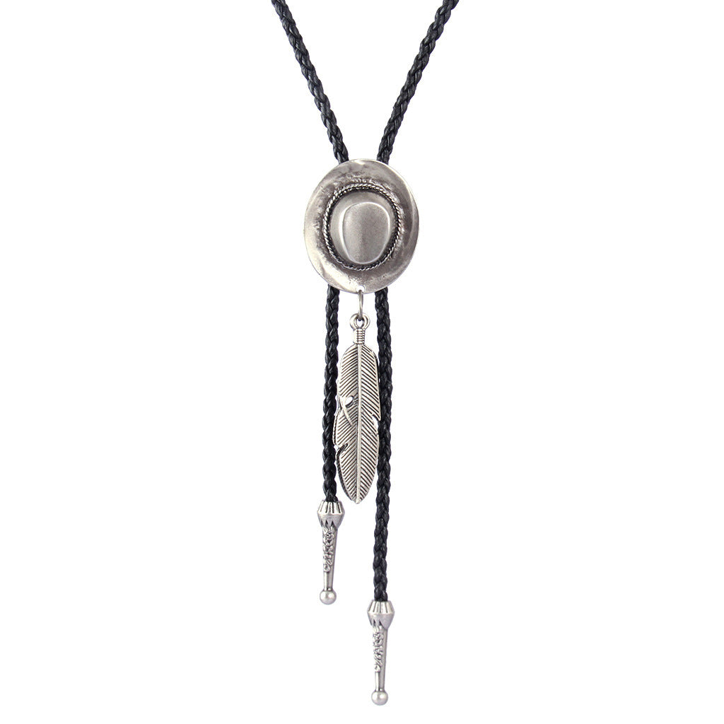 Wholesale Western style feather bolo braided leather alloy pendant necklace
