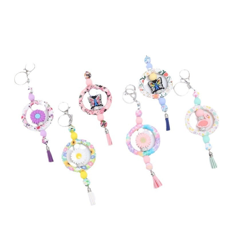 Wholesale Silicone Circle Beaded Printed Keychain