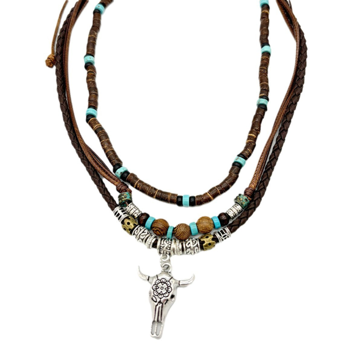 Wholesale Three-layer Western style bull head coconut shell turquoise necklace