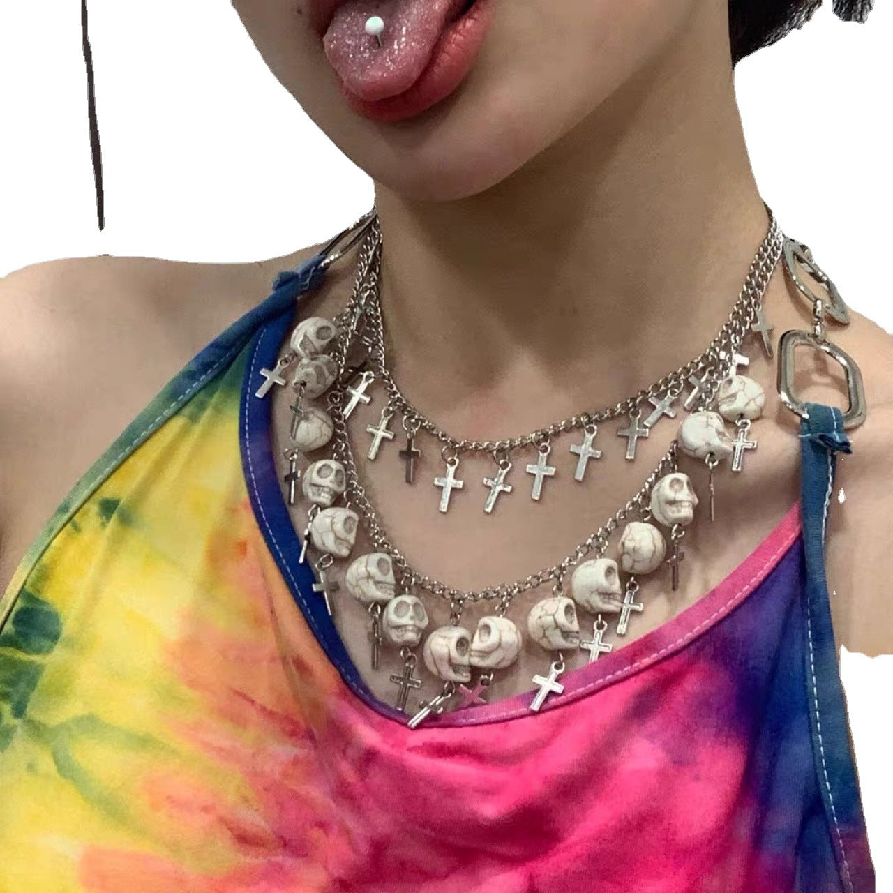 Wholesale Punk white skull chain silver double necklace