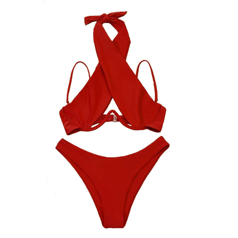 Wholesale Tie Neck Push Up Steel Support Split Multicolor Swimwear