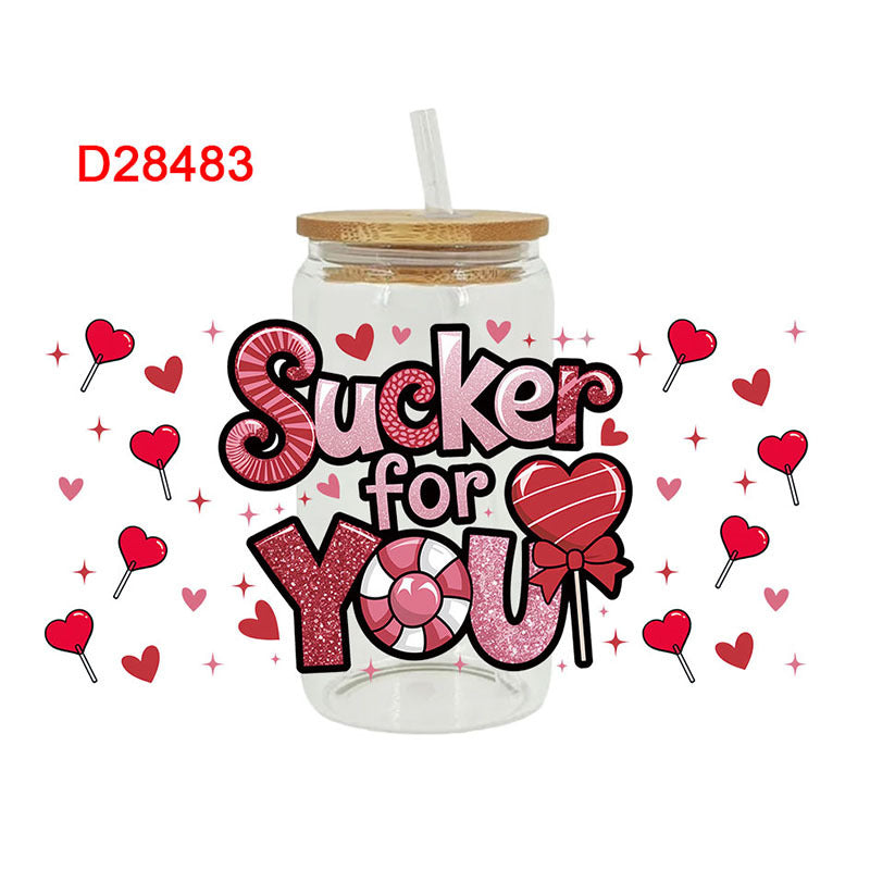 Wholesale Pink Cartoon Heart Valentine' s Day 16oz Cup UV DTF Wraps