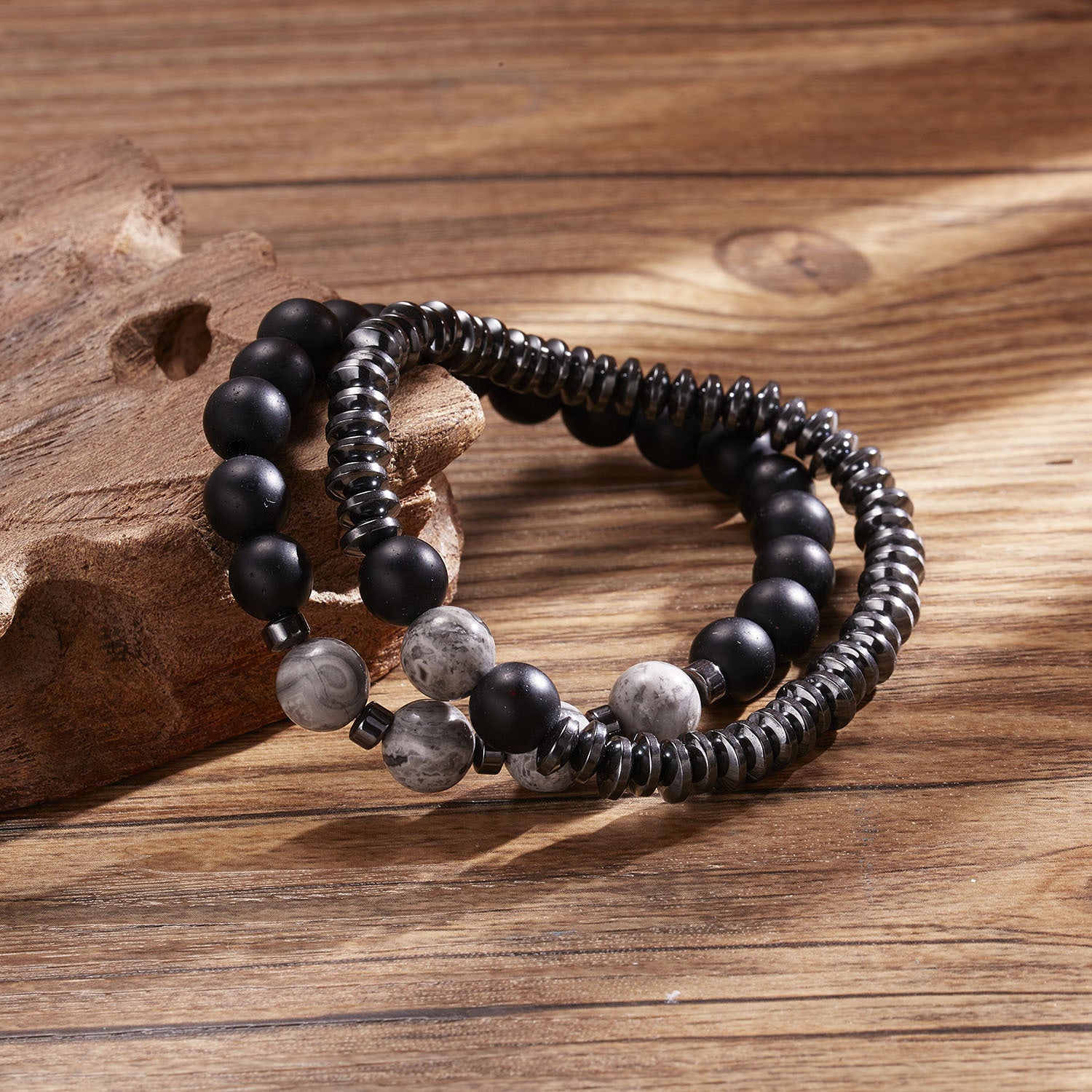 Wholesale Black Gallstone Frosted Stone Combination Beads Set of Two Men's Bracelet