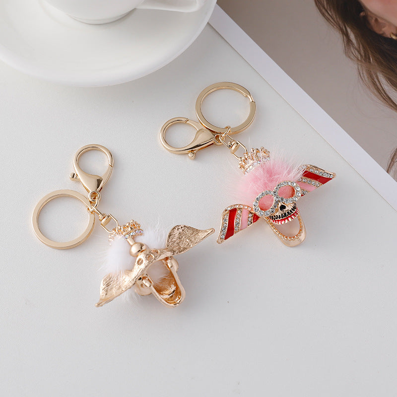 Wholesale Diamond Inlaid Plush Skull Metal Keychain