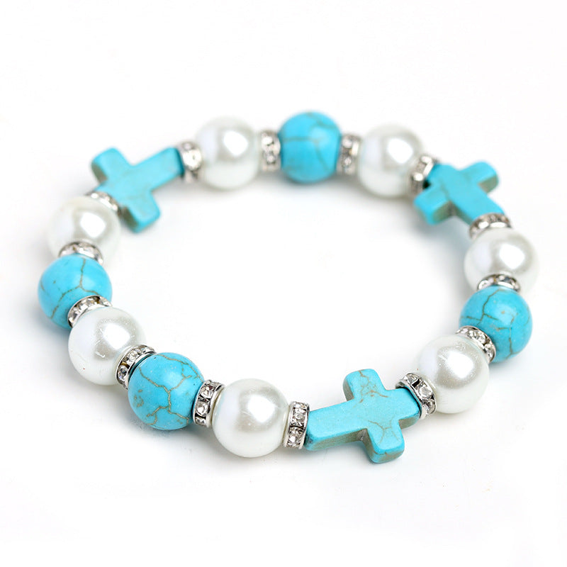 Wholesale Pearl Cross Turquoise Punk Bracelet
