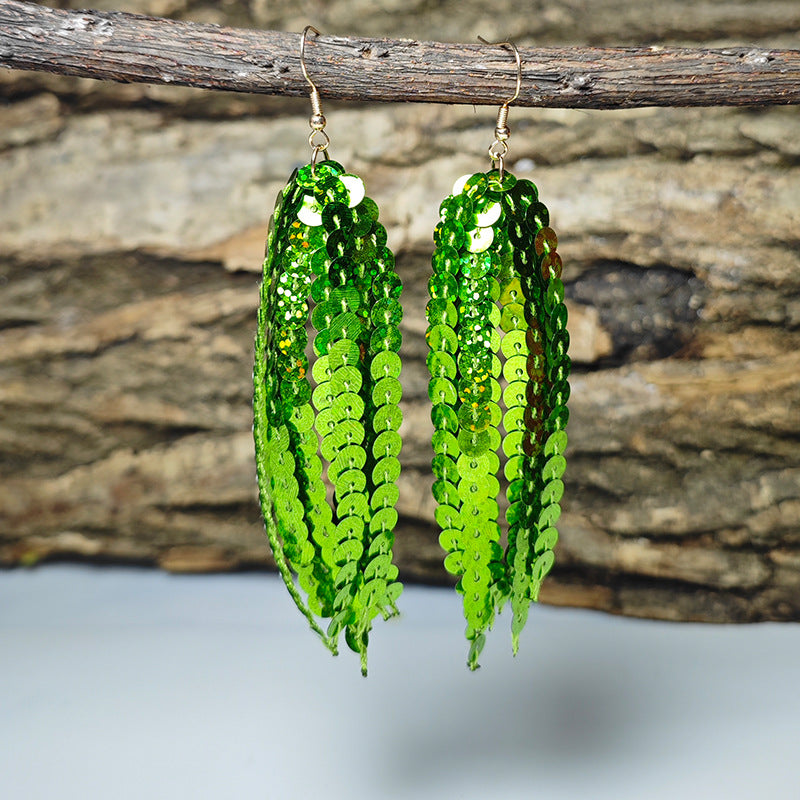 Wholesale Shiny Laser Green Sequin Round Tassel San Patrick Atmosphere Earrings