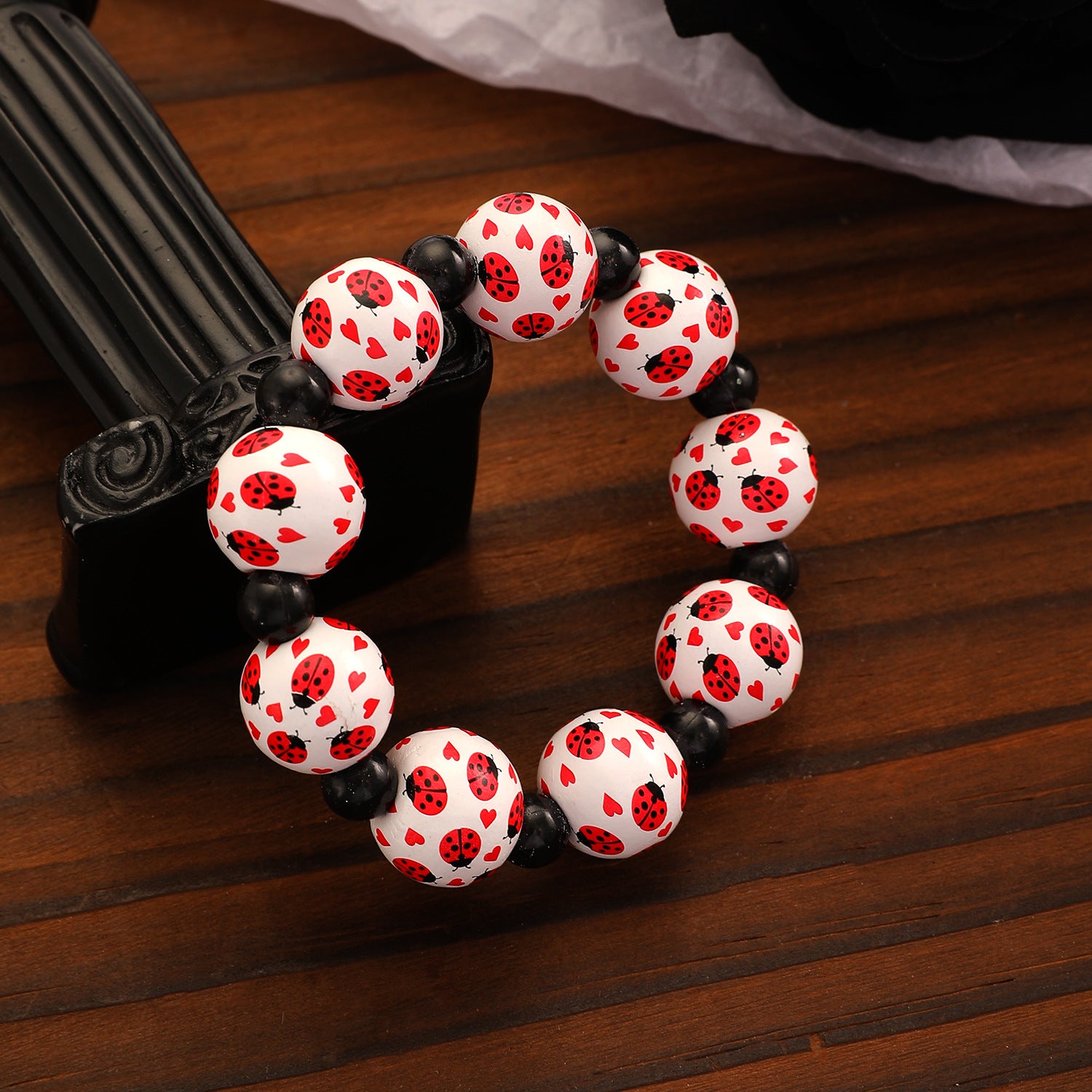Wholesale Seven-spotted ladybug-shaped printed wooden bead bracelet