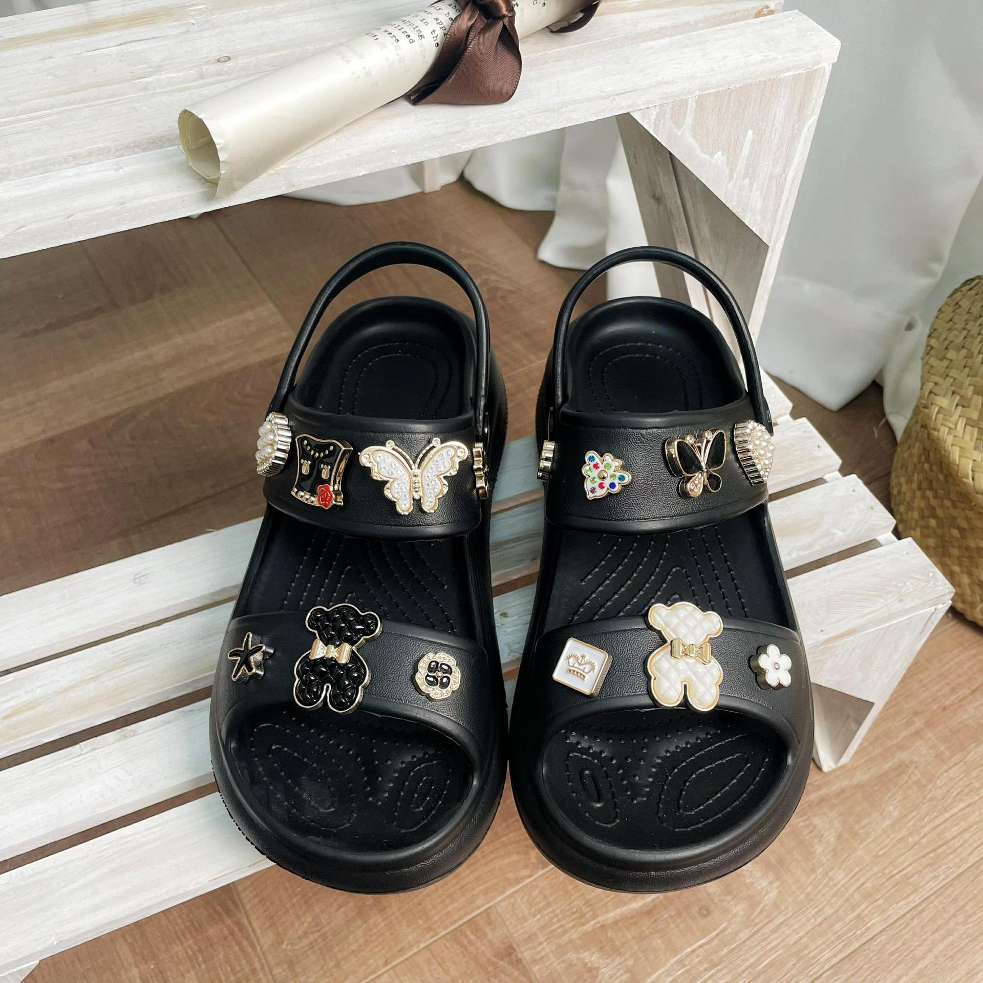 Wholesale Fashion Thick Sole Double Strap Black and White Cookie Bear Sandals
