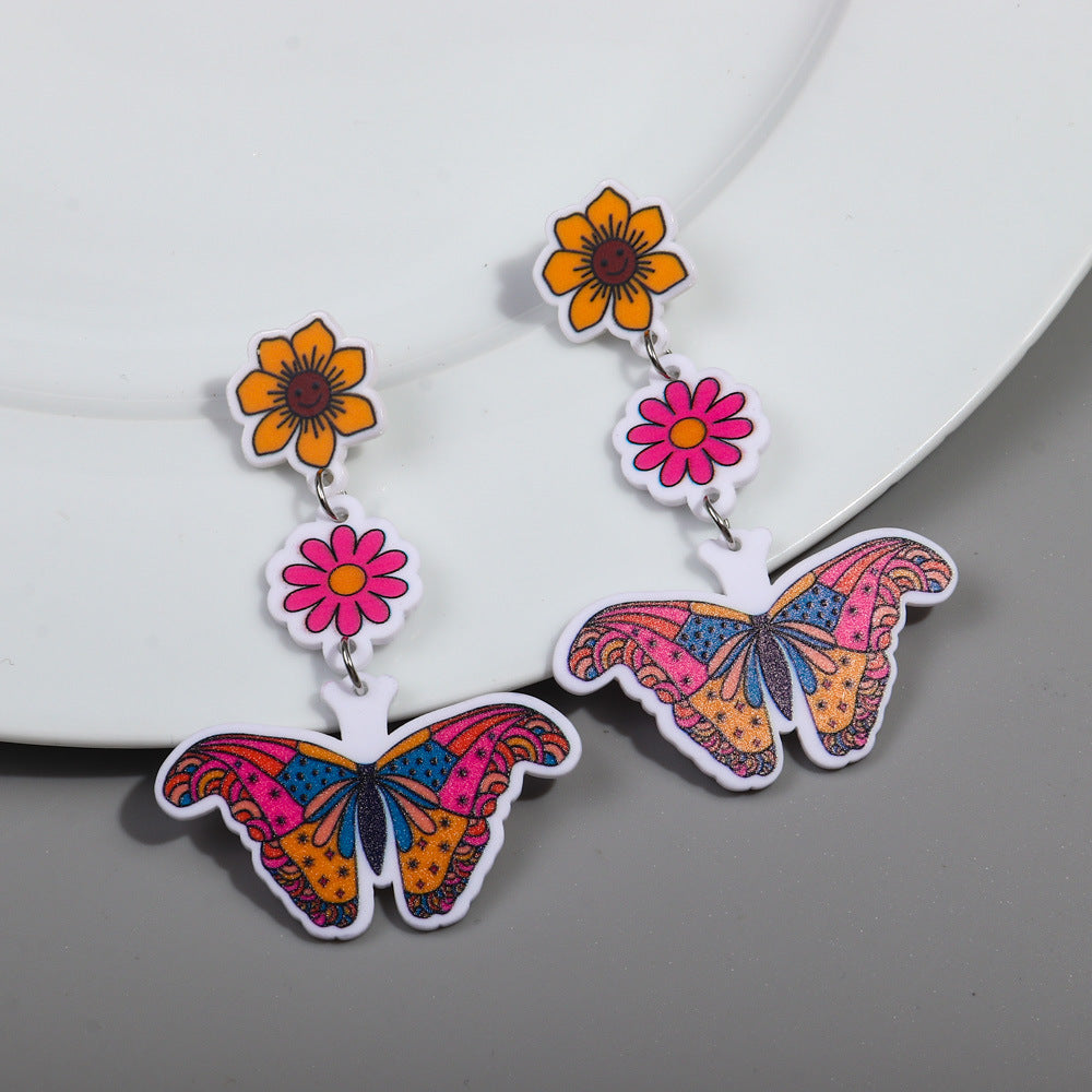 Wholesale Rainbow Print Colorful Butterfly Sunflower Acrylic Earrings