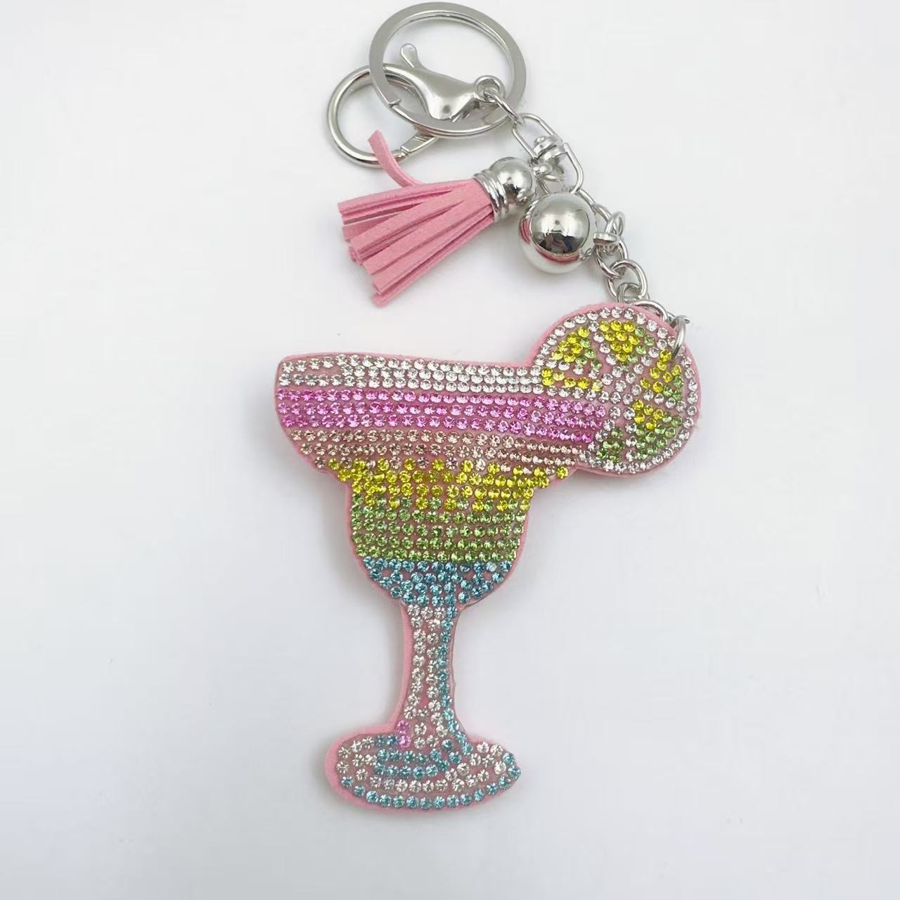 Wholesale Rhinestone Studded Wine Glass Keychain With Tassel Pink Zinc Alloy Bag Charm For Wedding Favors