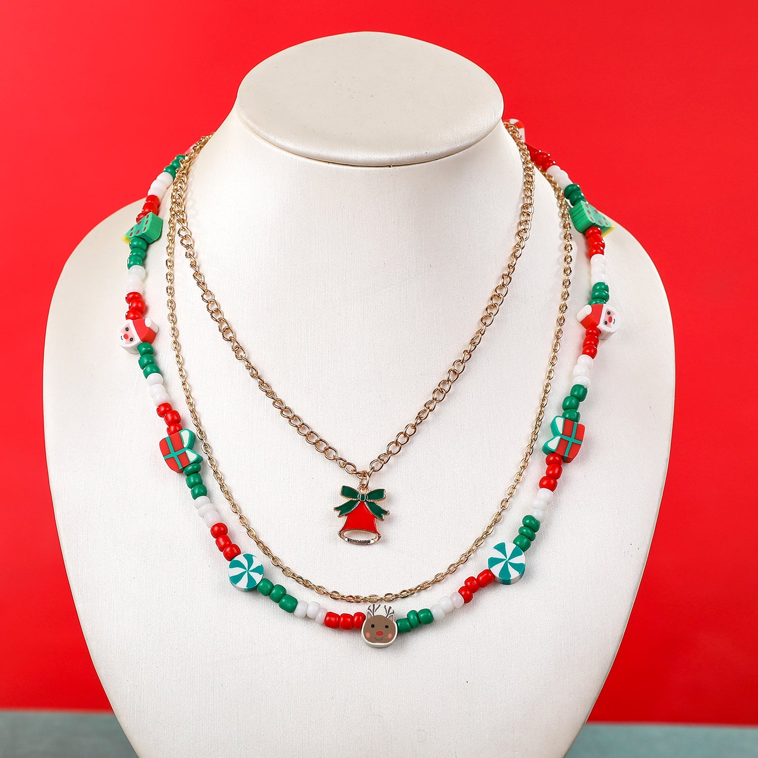 Wholesale Christmas Reindeer Soft y Beaded Choker Necklace Multi Layer Bell Pendant Fashion Layering Jewelry Gift