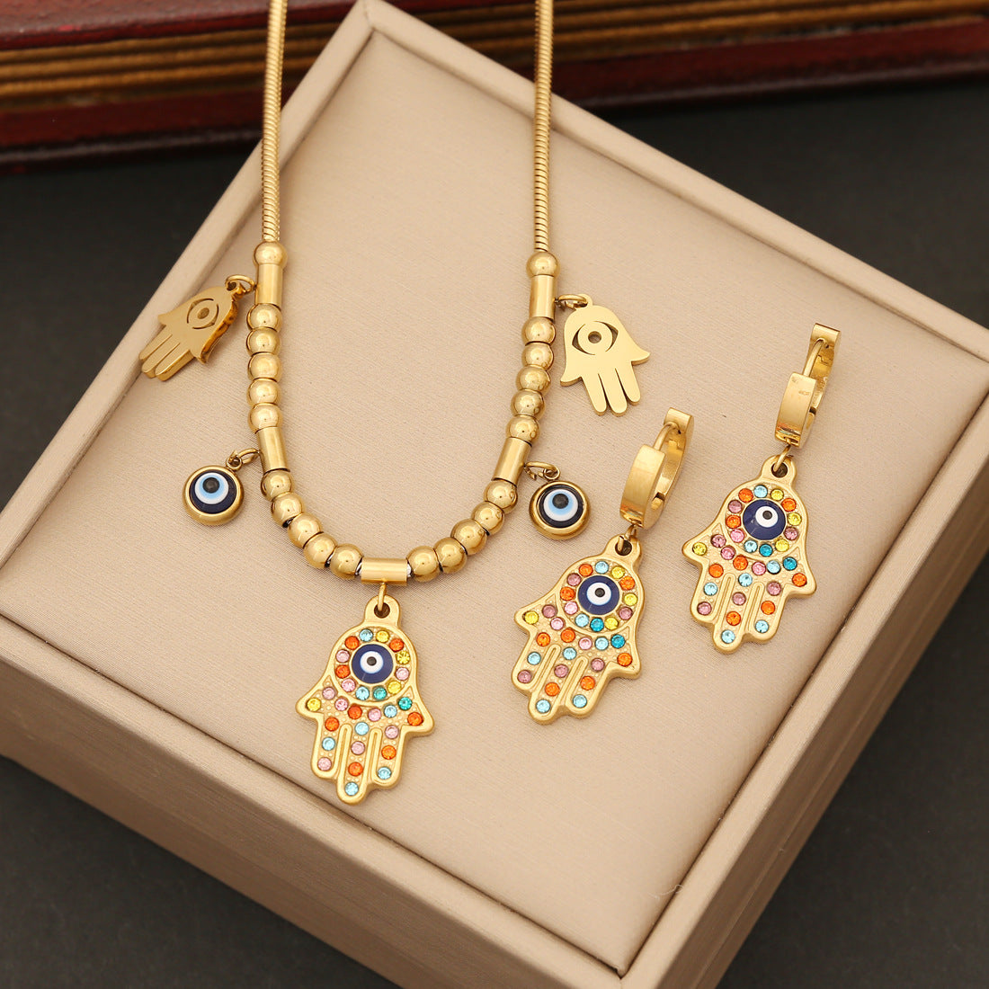 Wholesale Full Diamond Palm Necklace Eyes Stainless Steel Bracelet Jewelry Set
