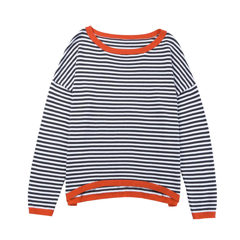Wholesale Cotton Contrasting Edge Striped Knitted Pullover Top for Women