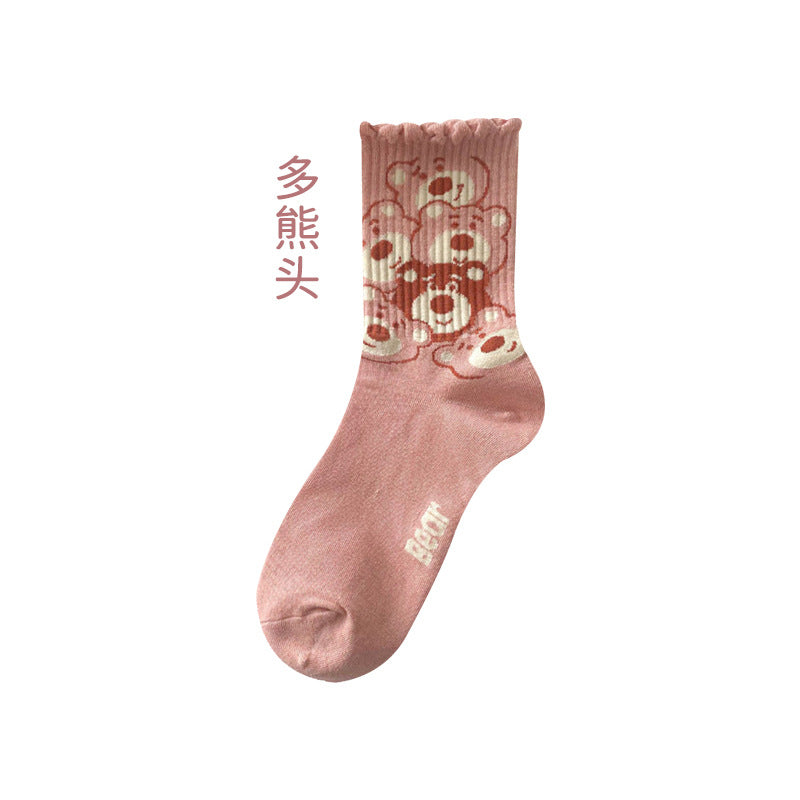 Wholesale Pink Medium Cotton Cute Girl Cartoon Lace Socks