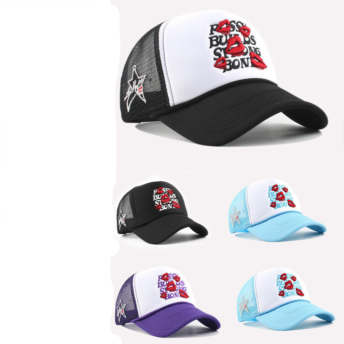 Wholesale 5pcs Lips Baseball Net Cap Women' s Letter Embroidered Cap Men' s Curved Eaves