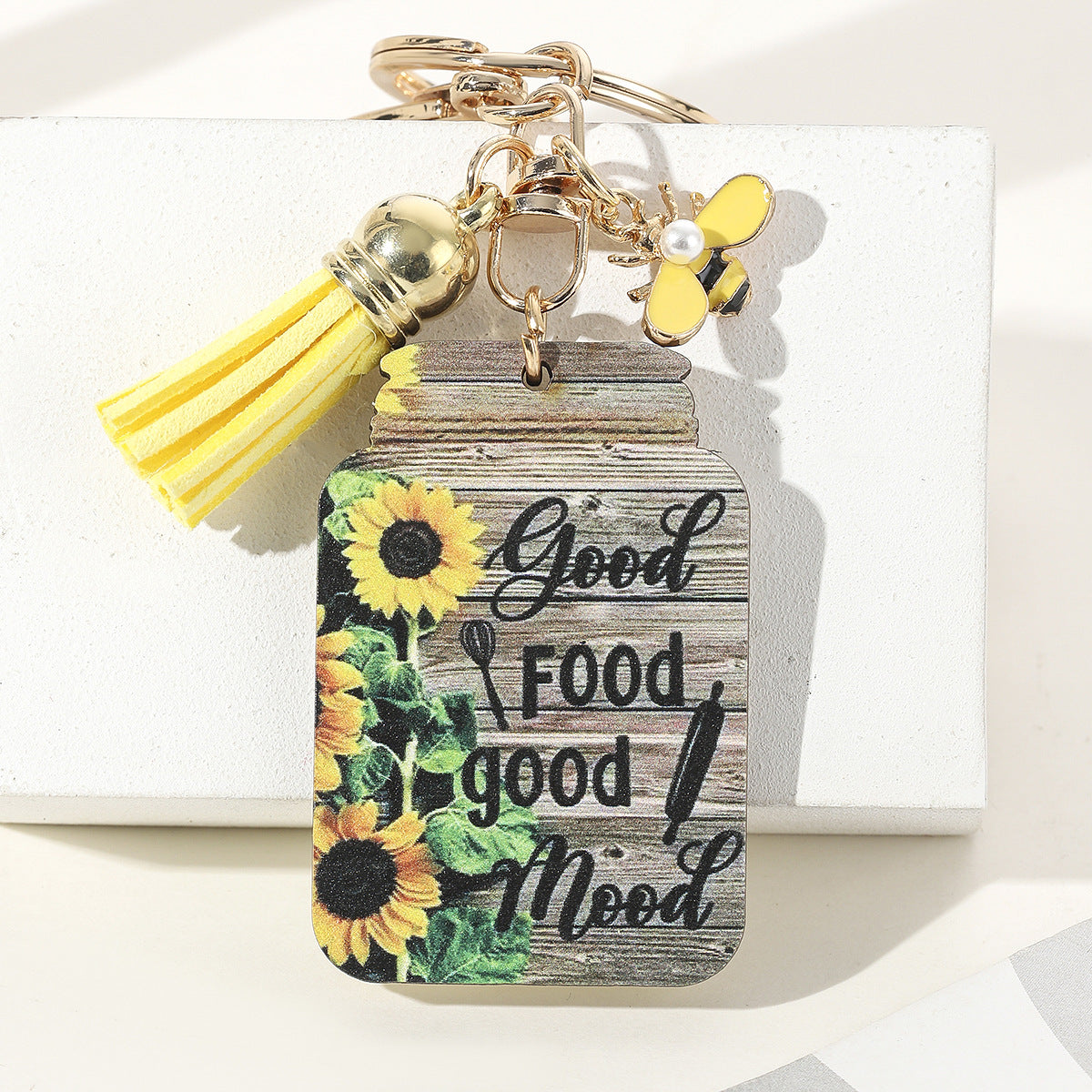 Wholesale Wooden Sunflower Slogan Bee Honeypot Color Printed Keychain