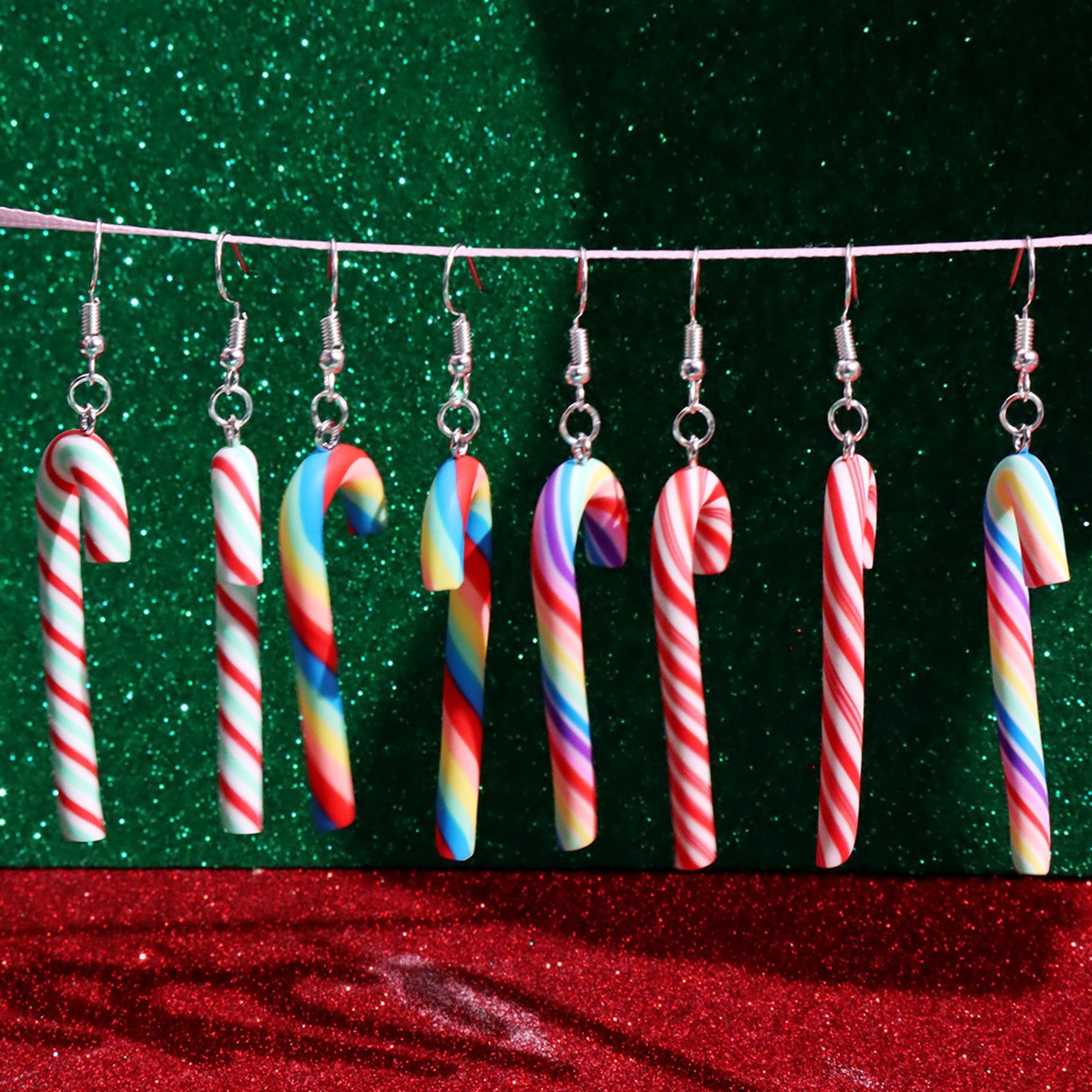 Wholesale Large Candy Cane Christmas Colorful Stripesd Rainbow Candy Pendant Earrings