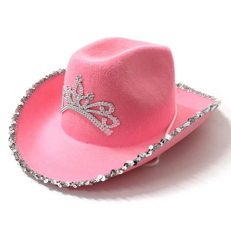 Wholesale Feather-trimmed lettering sequined pink crown cowboy hat