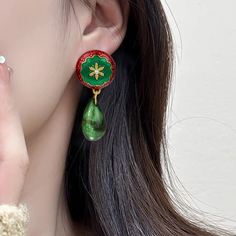 Wholesale French Medieval Style Red Oil Drop Retro Flower Earrings