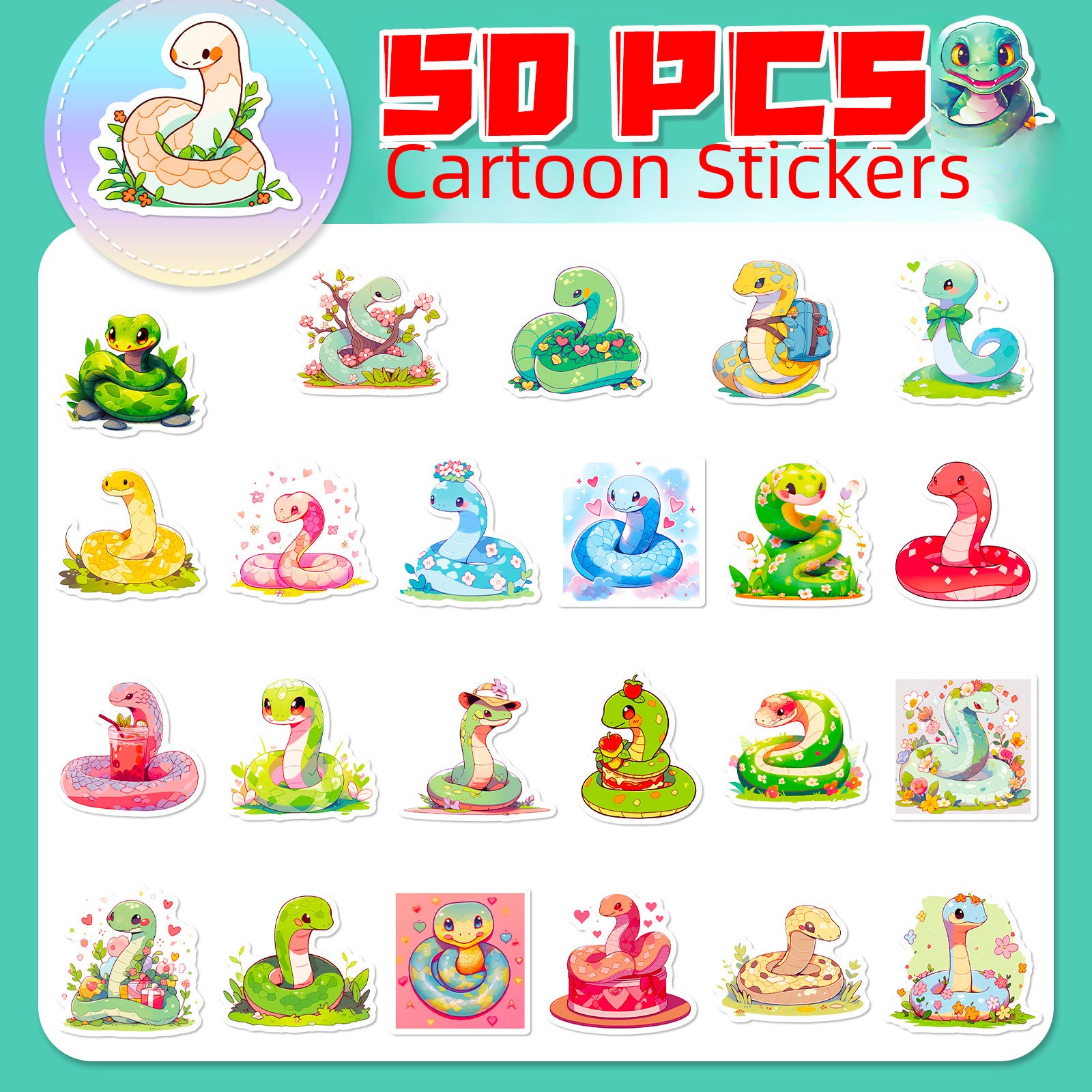 Wholesale 50pcs cute cartoon snake stickers reptile cartoon snake personality graffiti stickers