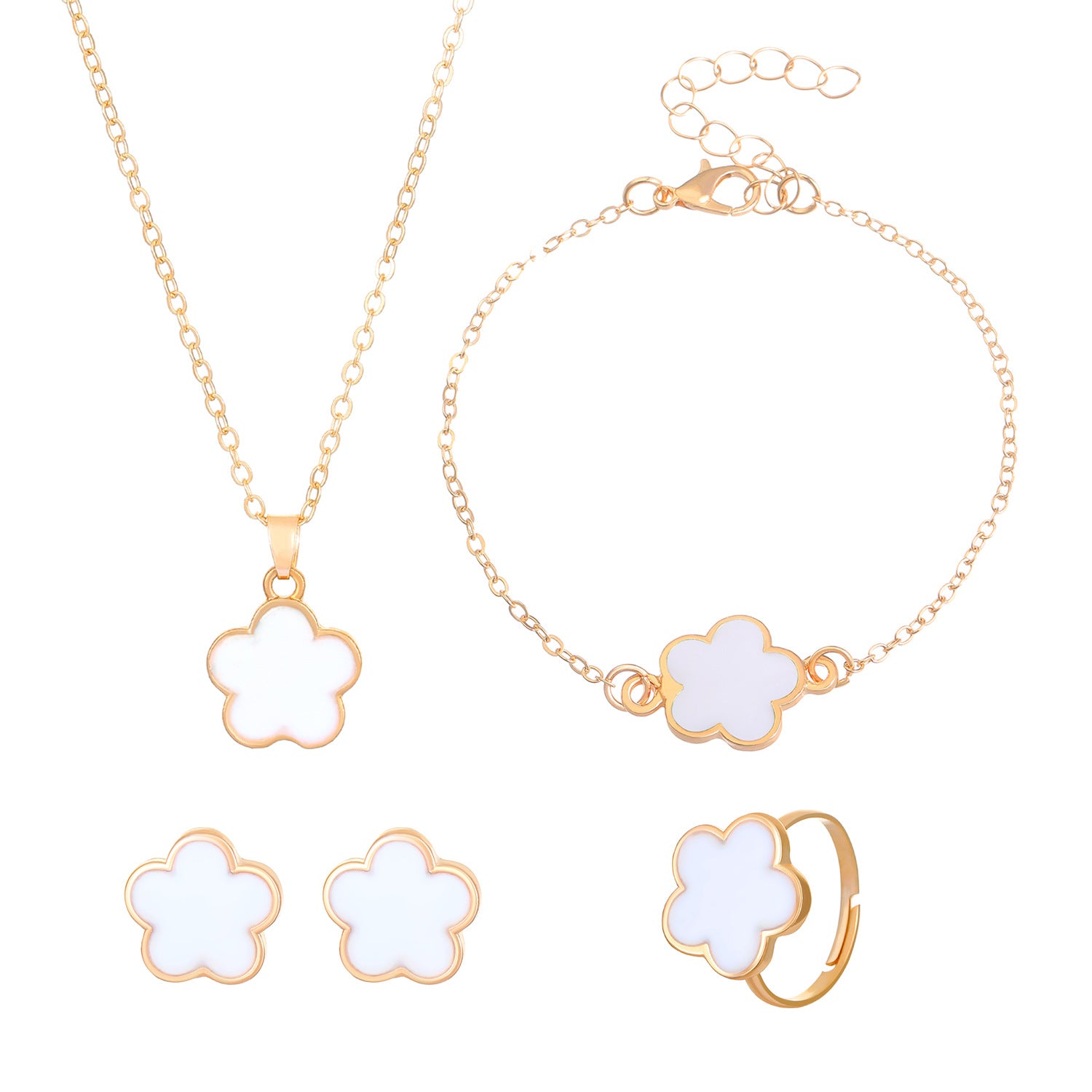 Wholesale Simple petal necklace five-leaf flower bracelet ring earrings 4-piece set