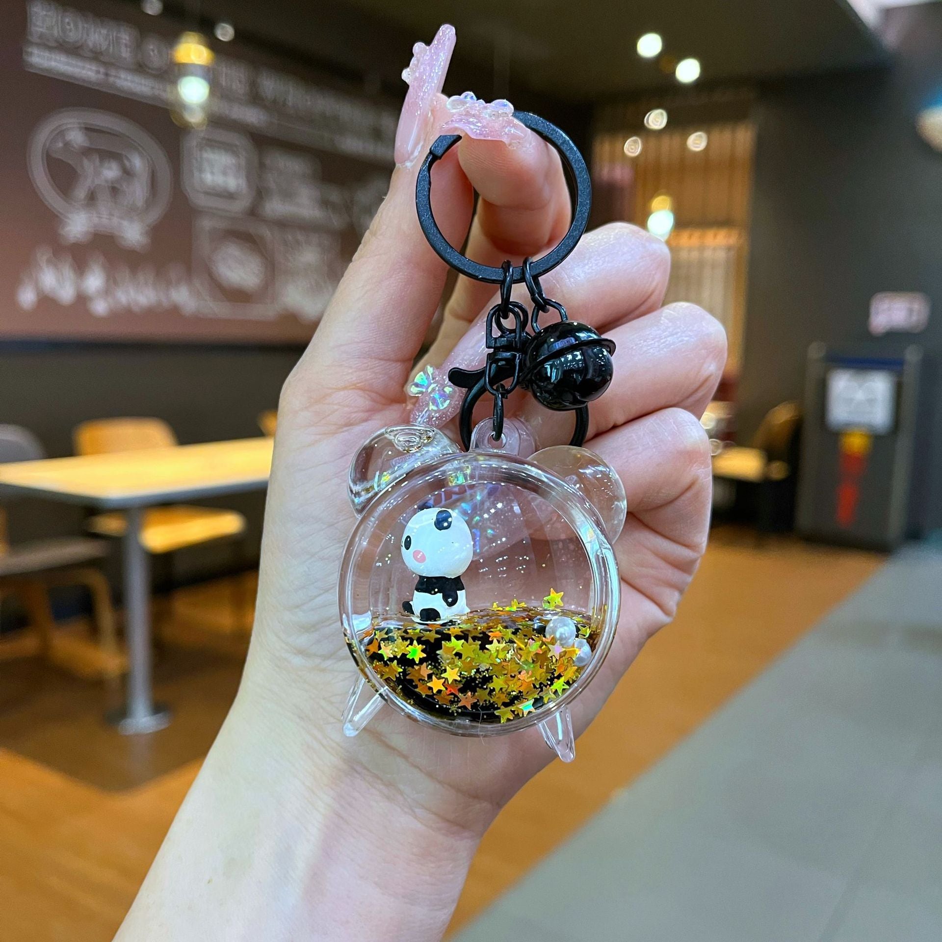 Wholesale Black gold floating cartoon cute panda Liquid Keychains