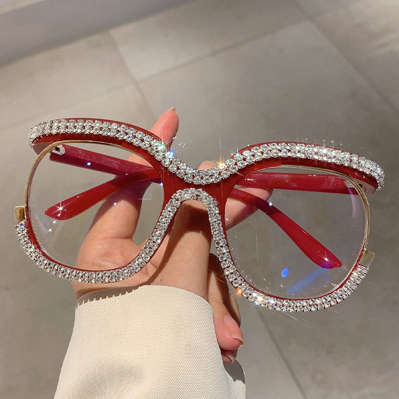 Wholesale Owl Large Frame Plain Mirror Double Row Diamond Frame Glasses