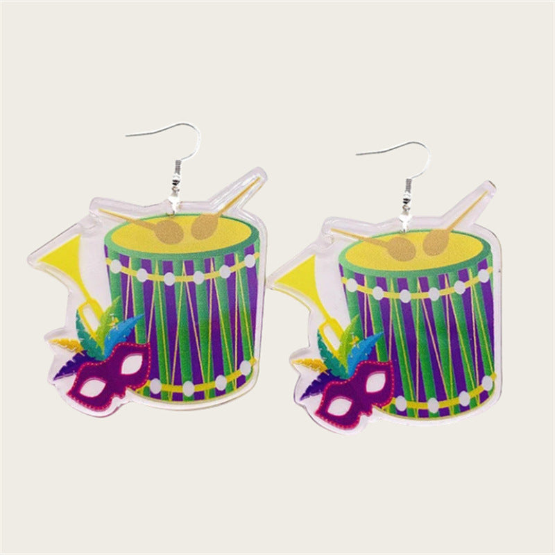 Wholesale carnival smiley face mask crown flower pendant double sided acrylic earrings