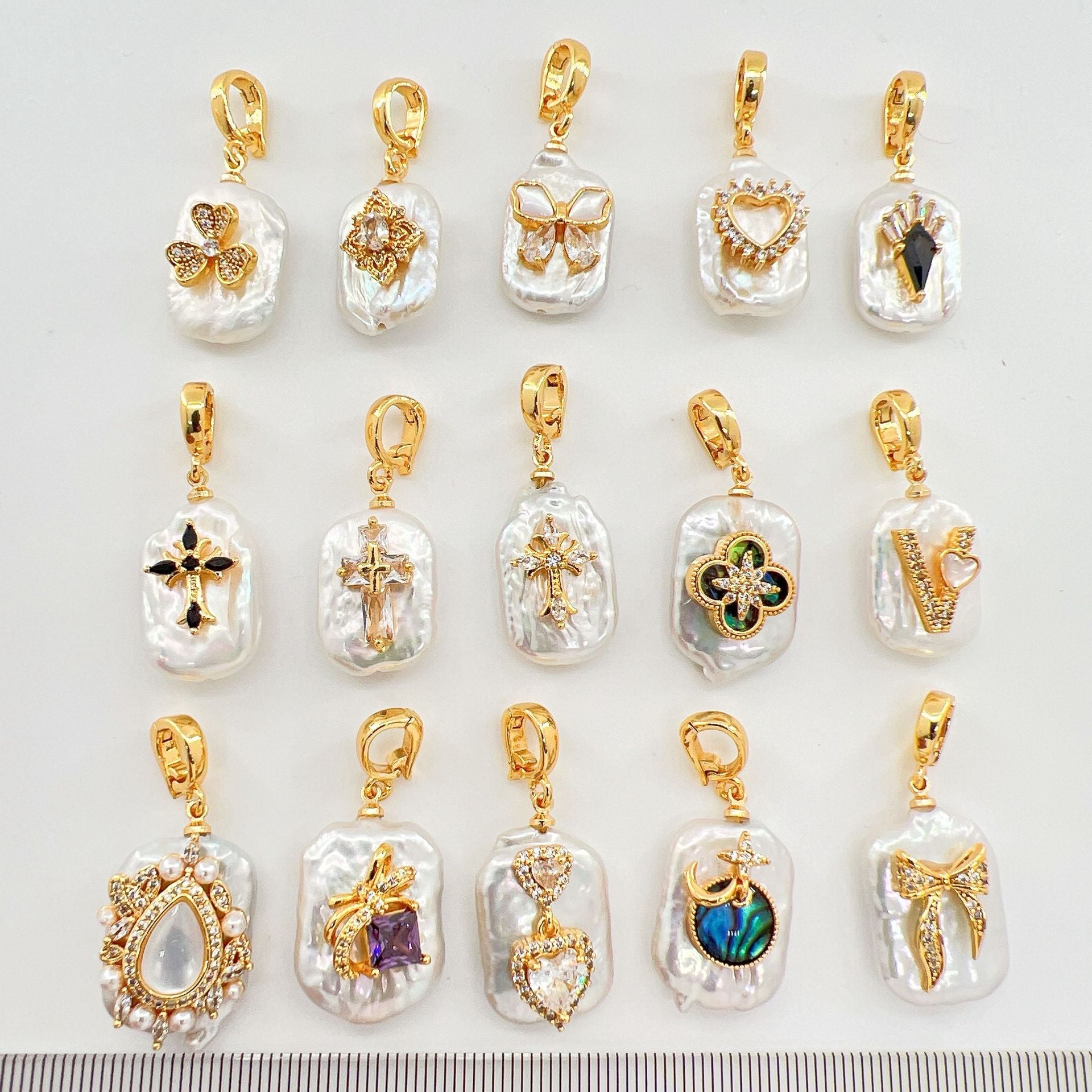Wholesale Copper gold plated inlaid pearl shell cross butterfly heart pendant