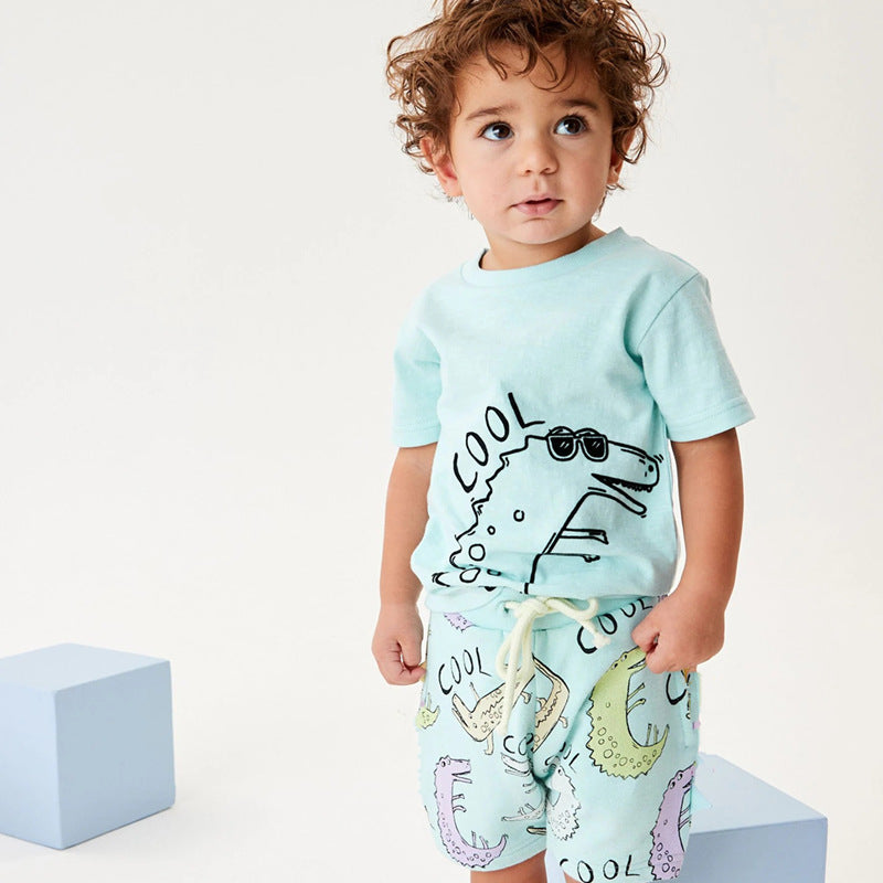 Wholesale Stylish Kids Dinosaur Print Short Sleeve Two Piece Set Knitted Cotton Summer Outfit For Boys