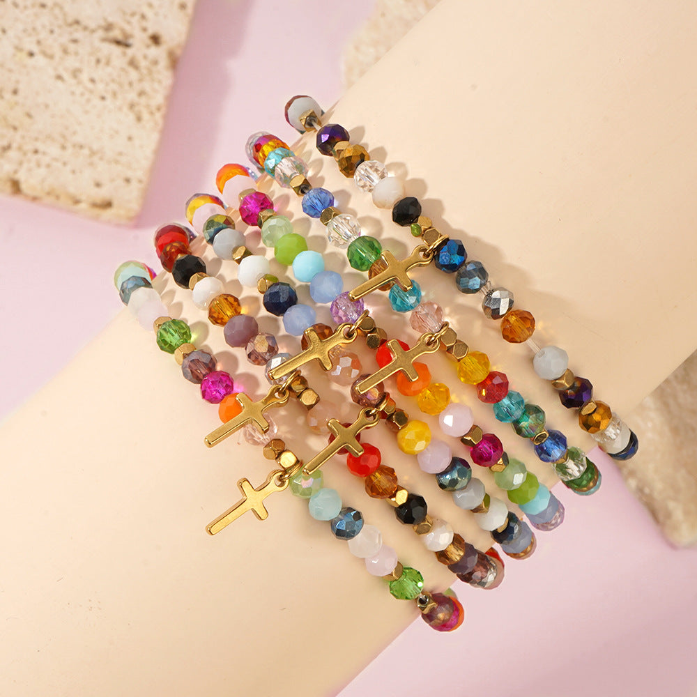 Wholesale Easter Cross Square Iron Gallstone Chain Colorful Crystal Bracelet