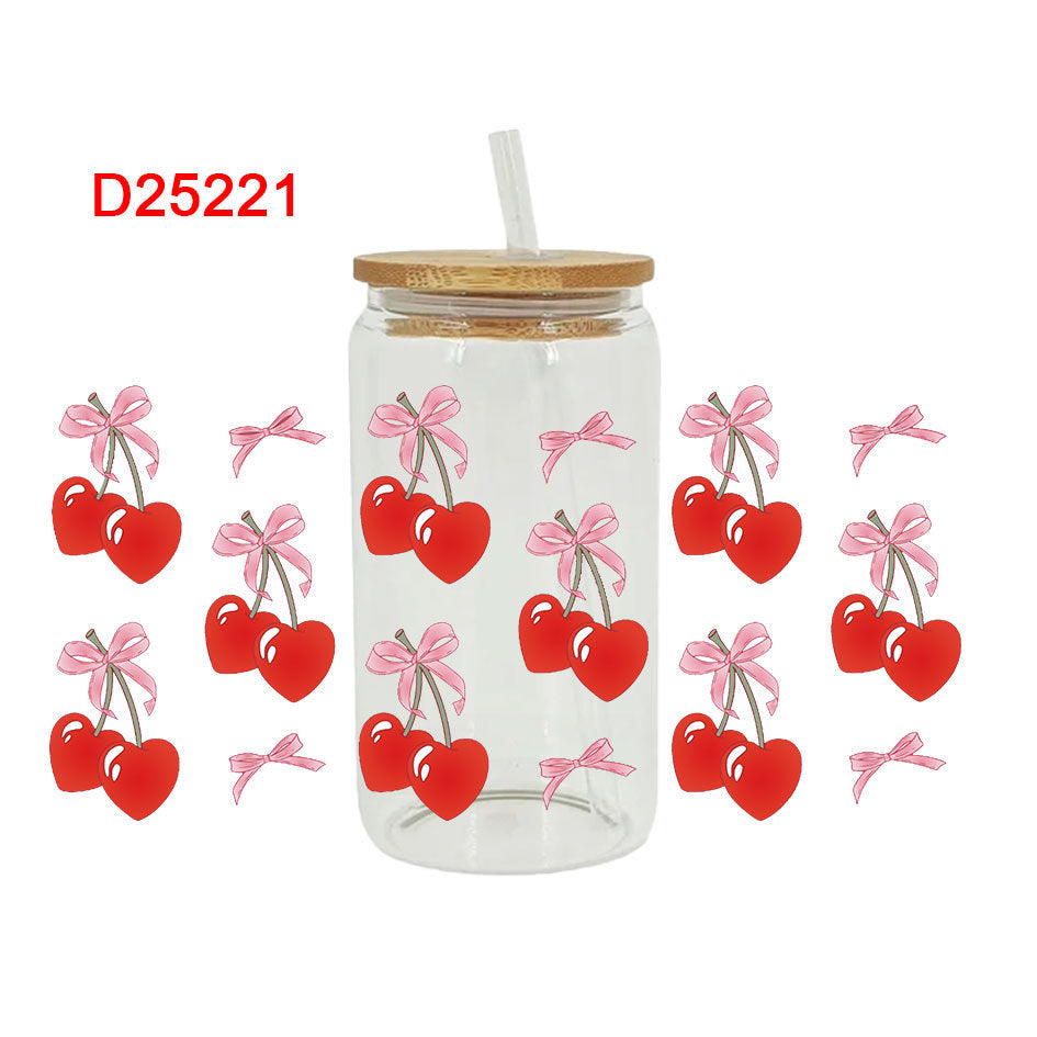 Wholesale Cute Cartoon Pink Strawberry Bow 16oz Cup UV DTF Wraps