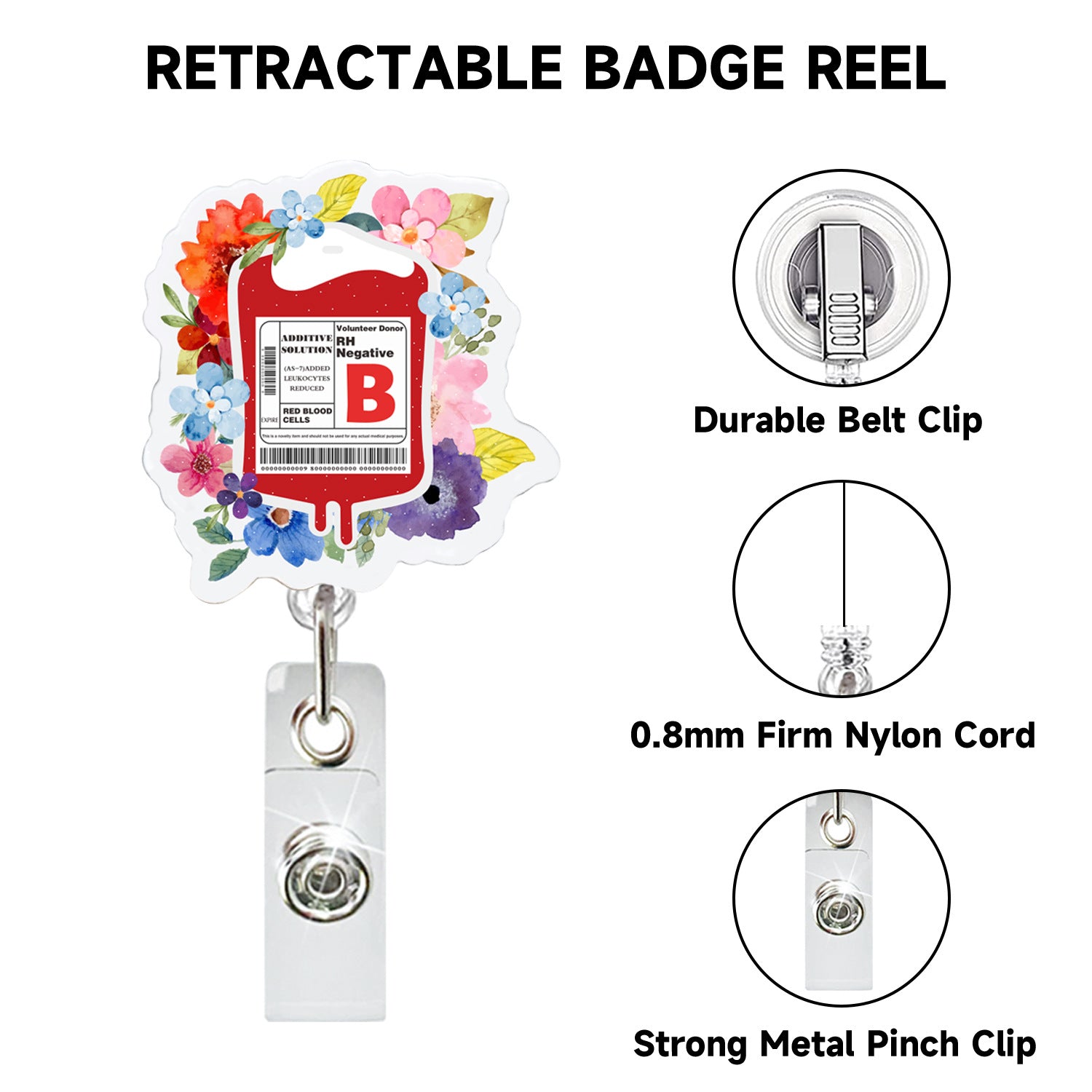 Wholesale Glitter Acrylic Blood Type Medical Retractable Keychain