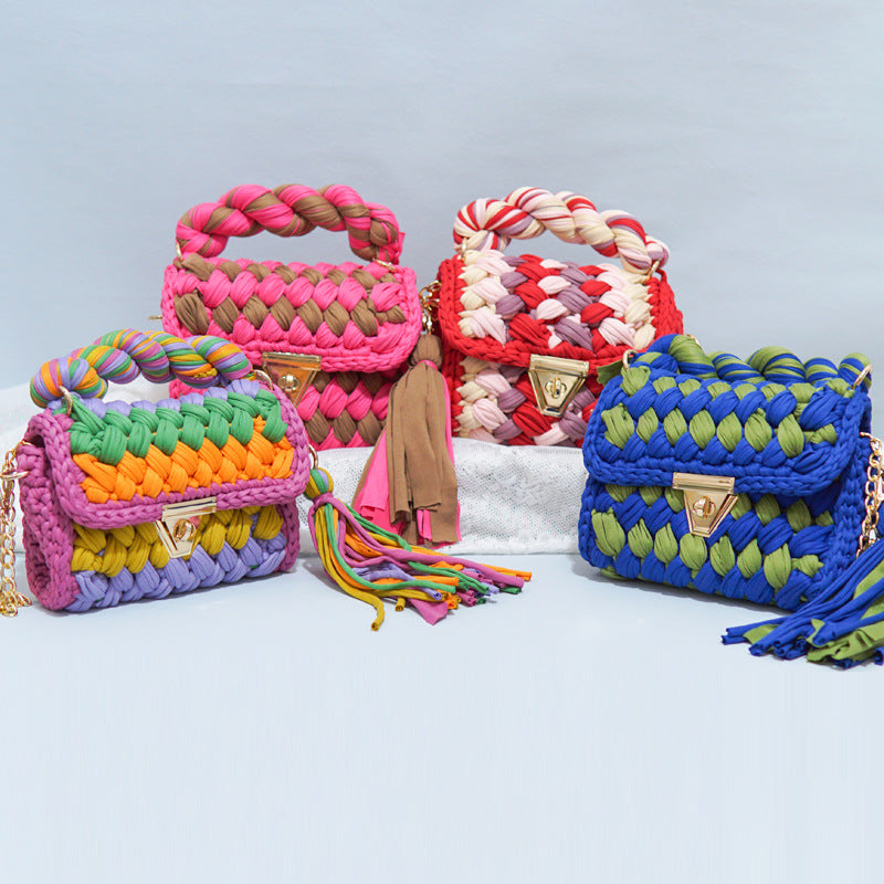 Wholesale Handmade Polyester Woven Handbags with Colored Chain Strips and Diagonal Cross Shaped Handbags