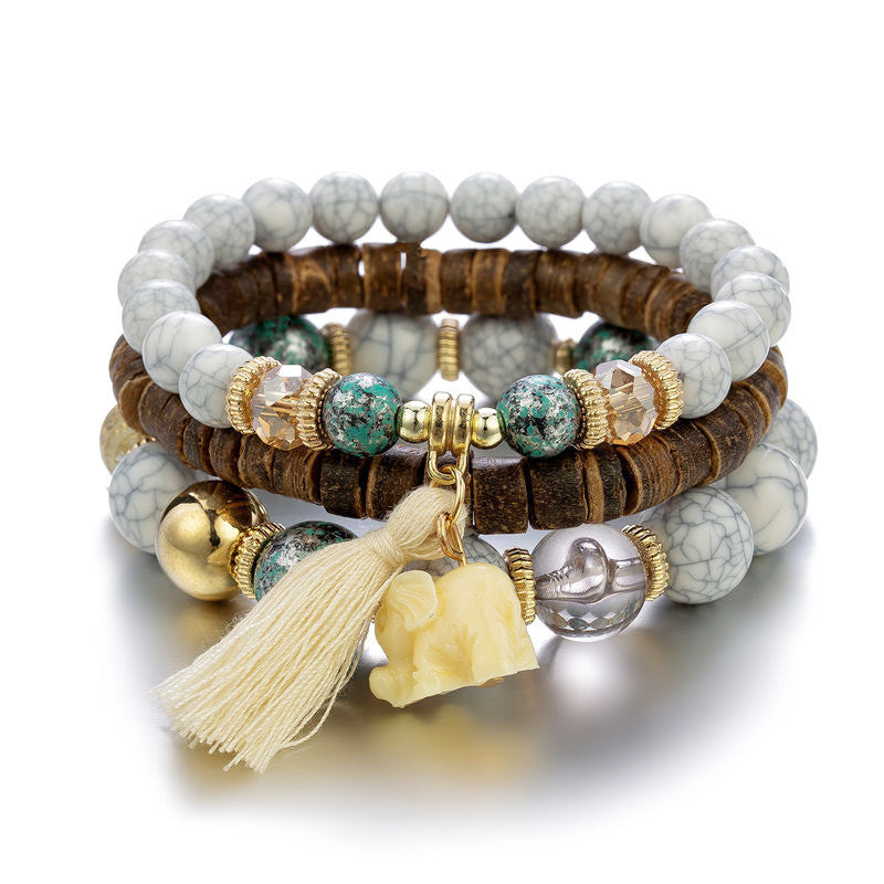 Wholesale Bohemian Trendy Ethnic Style Elephant Tassel Wood Bead Multi Layer Temperament Bracelet
