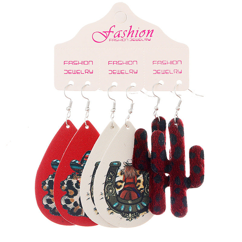 Wholesale 2 Sets Christmas Set Bull Head Cactus Sunflower Horseshoe Water Drop PU Leather Earrings