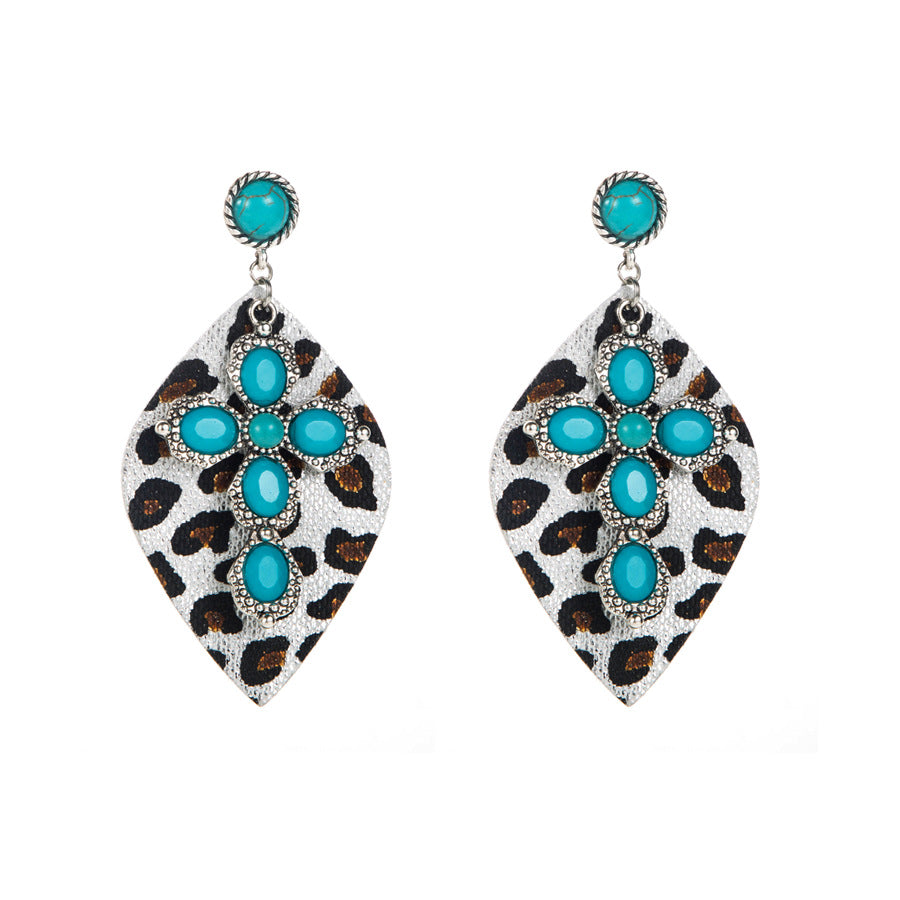Wholesale Vintage Western Leopard Print Inlaid Turquoise Leather Earrings