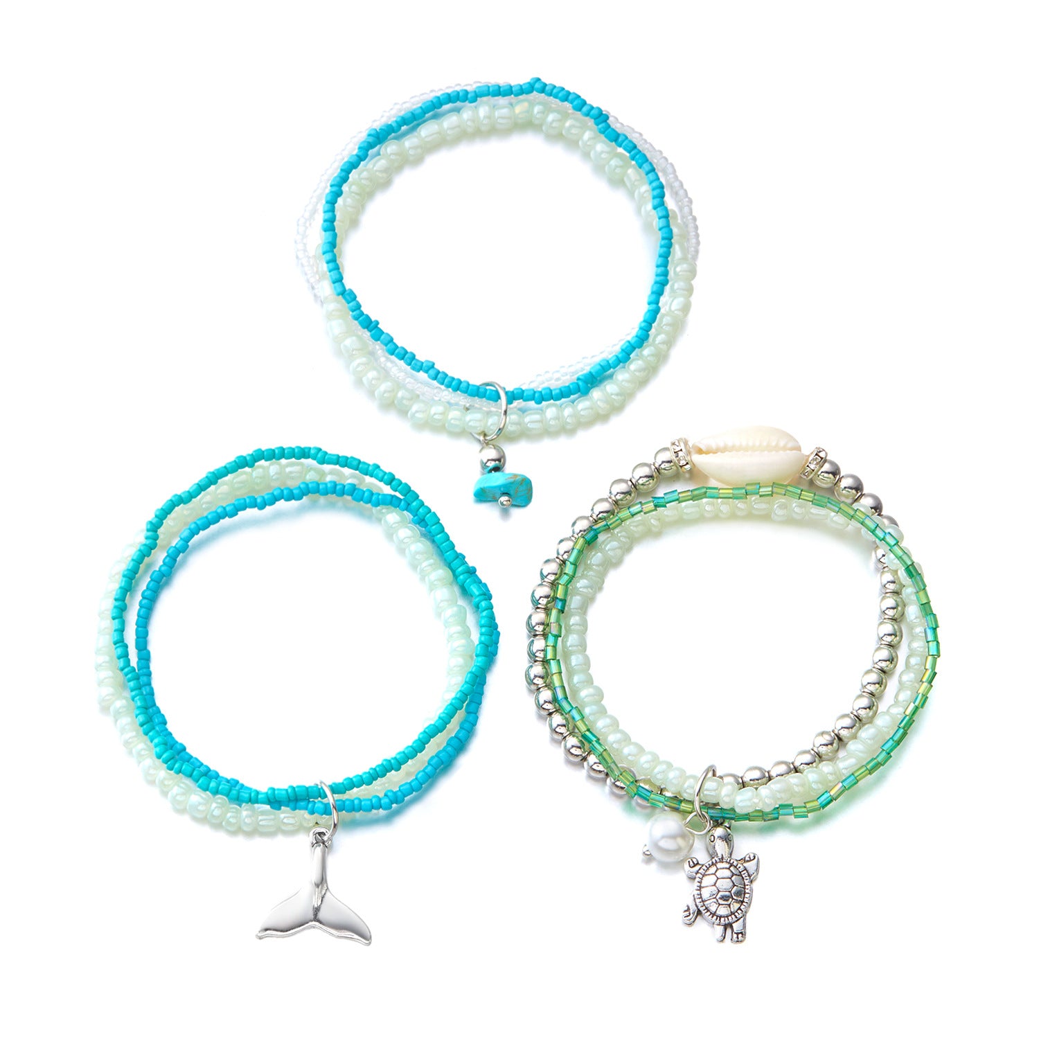 Wholesale Bohemian Ocean Shell Turtle Fishtail Rice Bead Bracelet Set