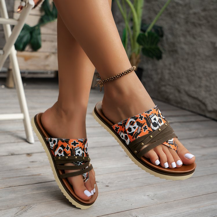 Wholesale large size women's spring and summer clip toe printed flat beach sandals Roman shoes