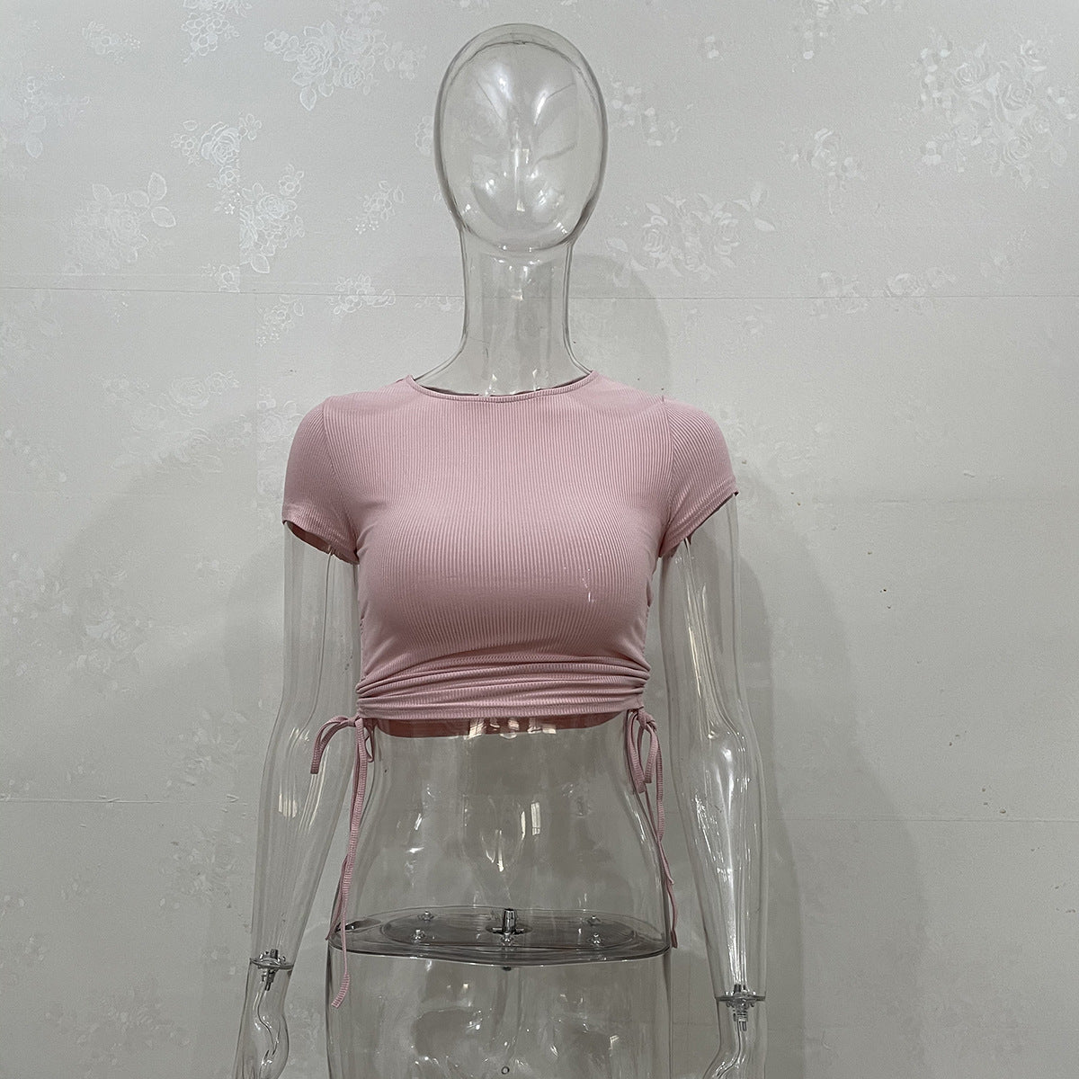 Wholesale Fashion Sexy Navel Stripe Short Drawstring Round Neck Short Sleeve