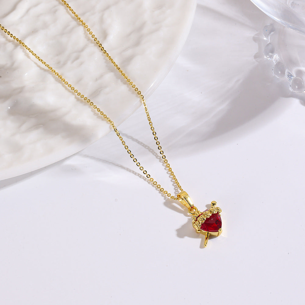 Wholesale Copper rose red heart-shaped zircon necklace