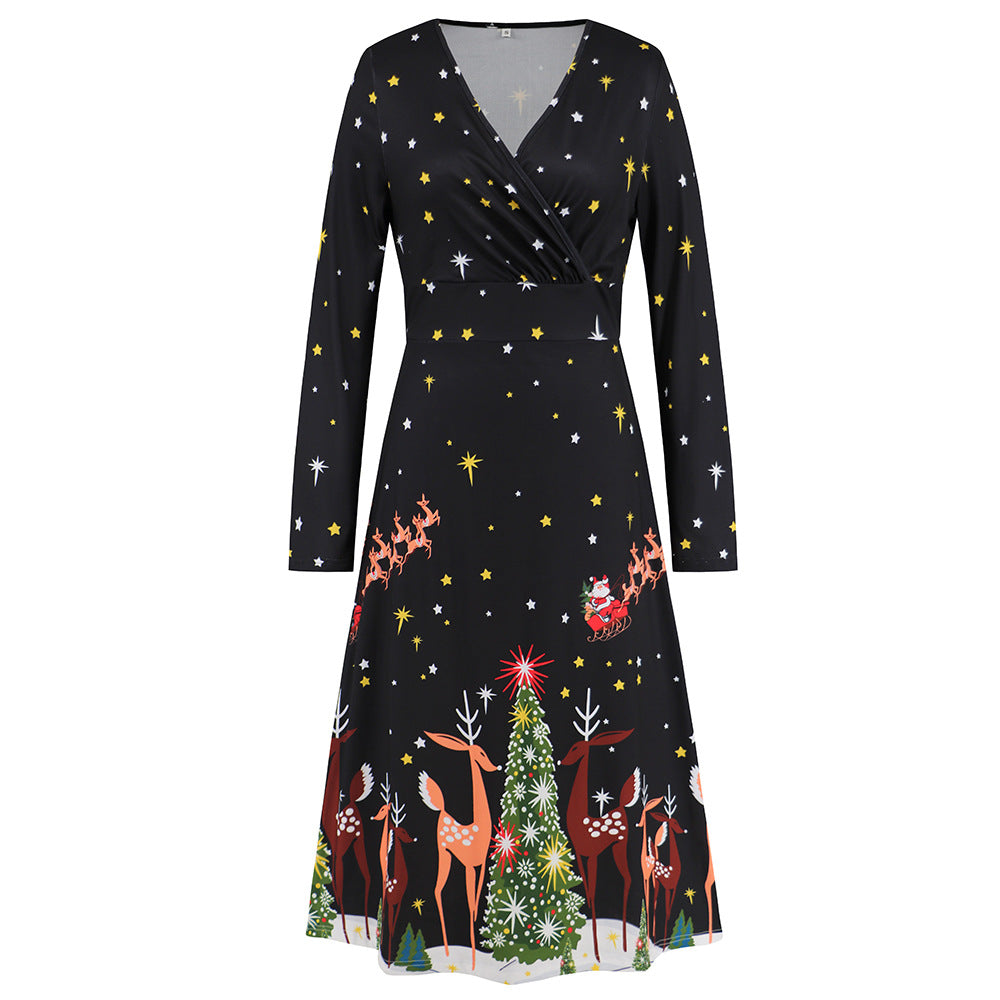 Wholesale Women's V Neck Long Sleeve Christmas Printed Dress