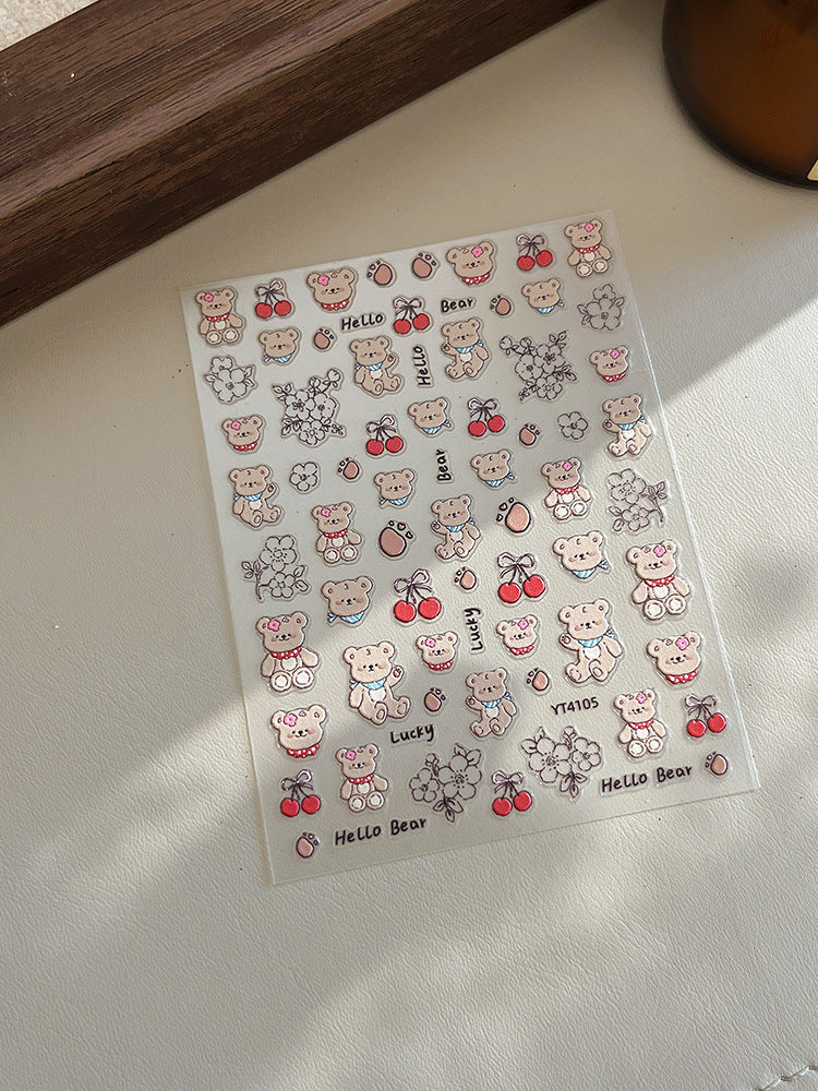 Wholesale love strawberry bear flower relief flat with adhesive nail stickers
