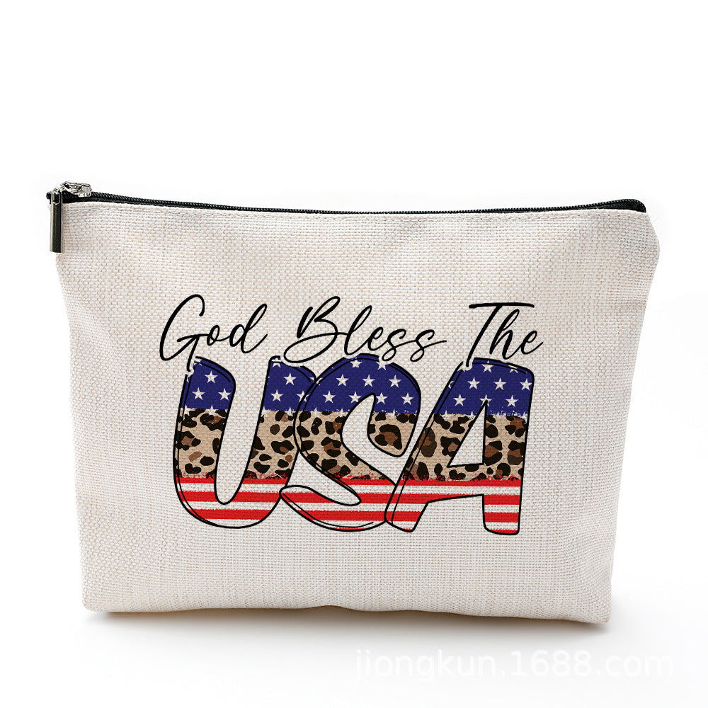 Wholesale Independence Day Waterproof Linen Cosmetic Bag