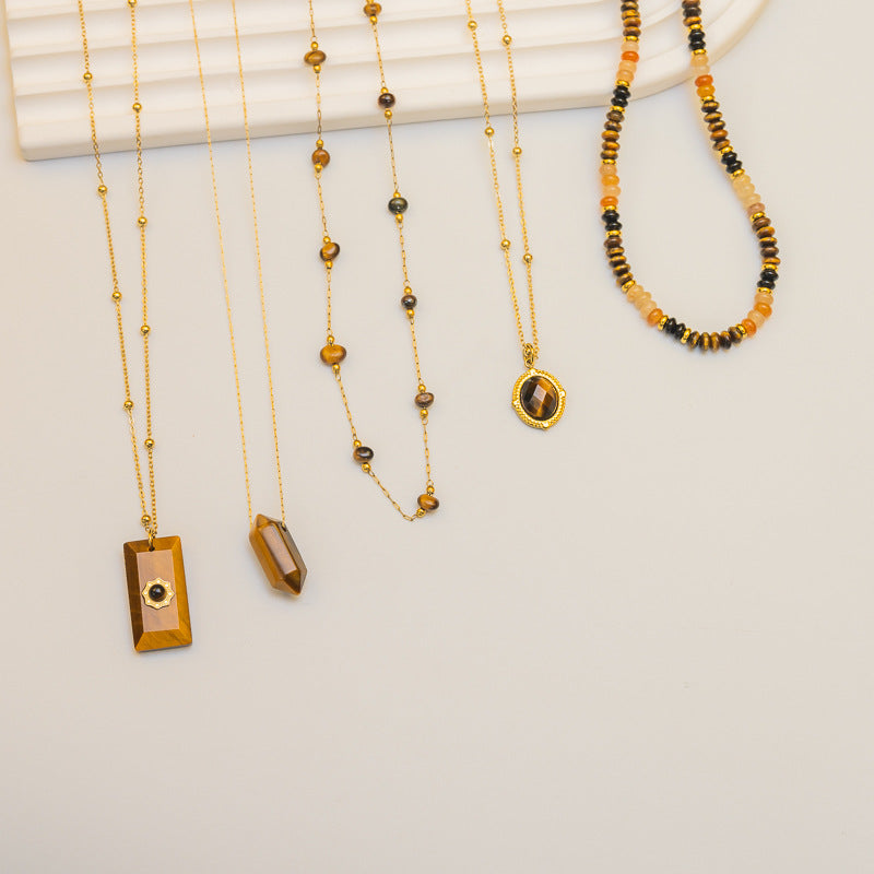 Wholesale Retro Yellow Tiger Stone Series Pendant Stainless Steel Necklace