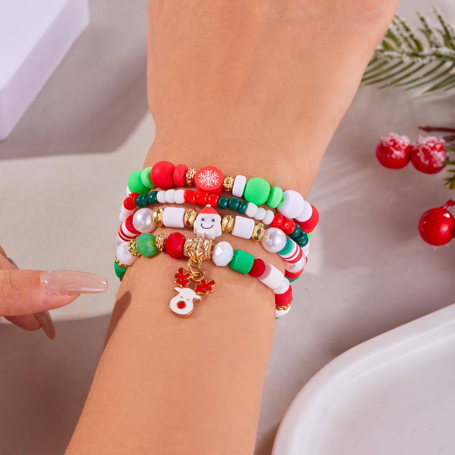 Wholesale Christmas Colorful Acrylic Diamond Snowflake Bell Elastic Beaded Bracelet