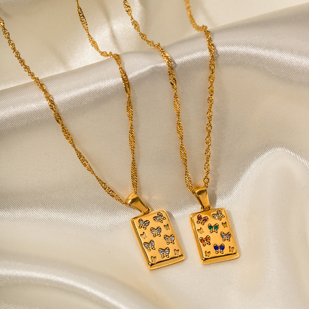 Wholesale Retro Square Butterfly White Diamond Stainless Steel Necklace