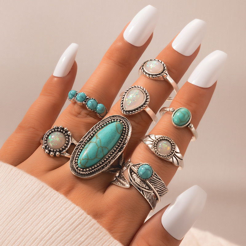 Wholesale Vintage turquoise carved feather ring set
