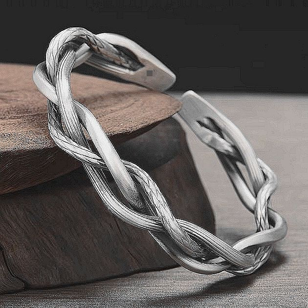 Wholesale Retro Woven Twist Open Cuff Men S Bracelet Geometric Design Silver Tone Jewelry Accessory Trendy Boutique Resale Gift