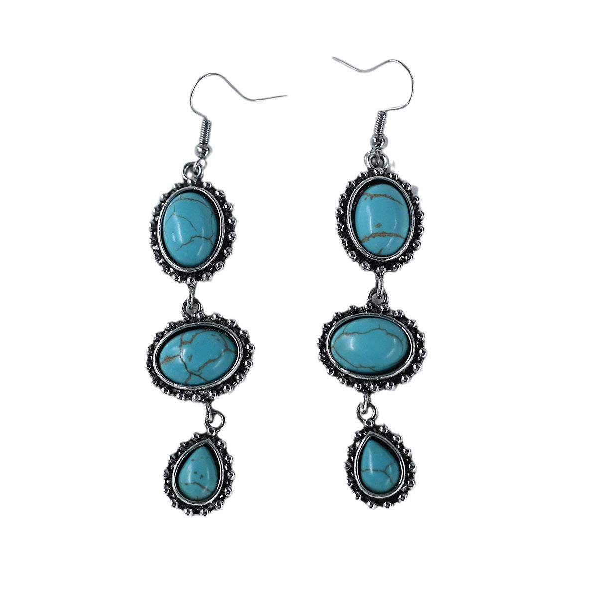 Wholesale Retro Turquoise Inlaid Long Geometric Oval Earrings